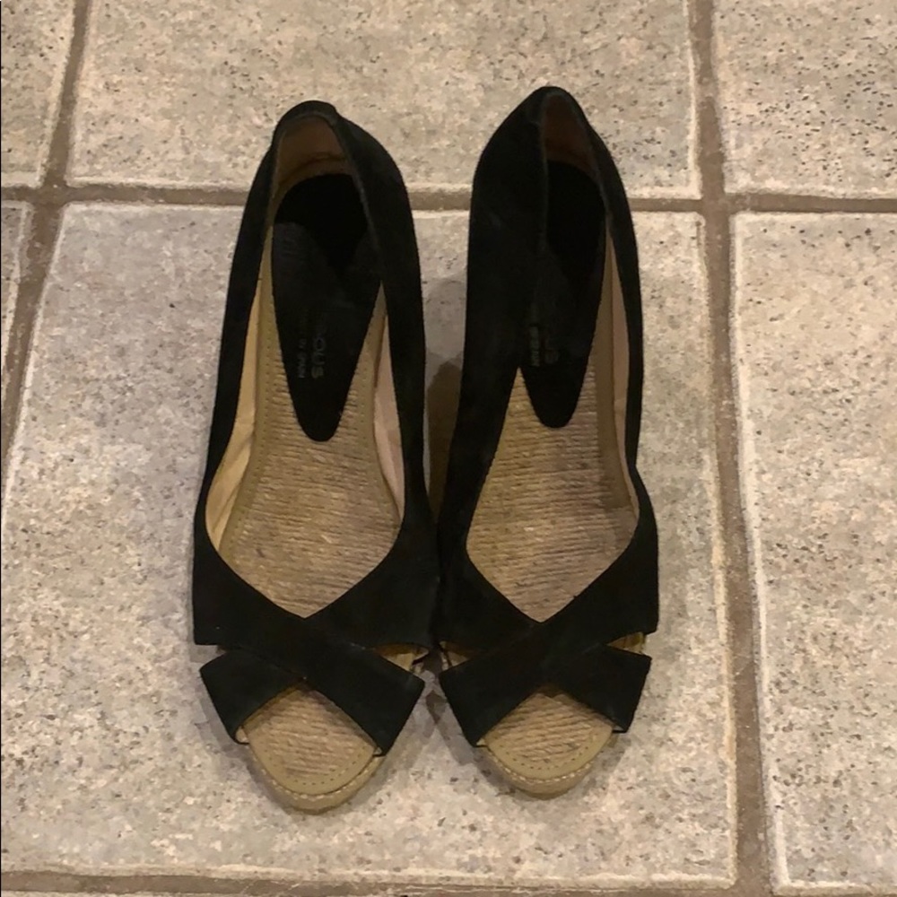 Andre Assous Black Peep Toe Espadrille Wedges